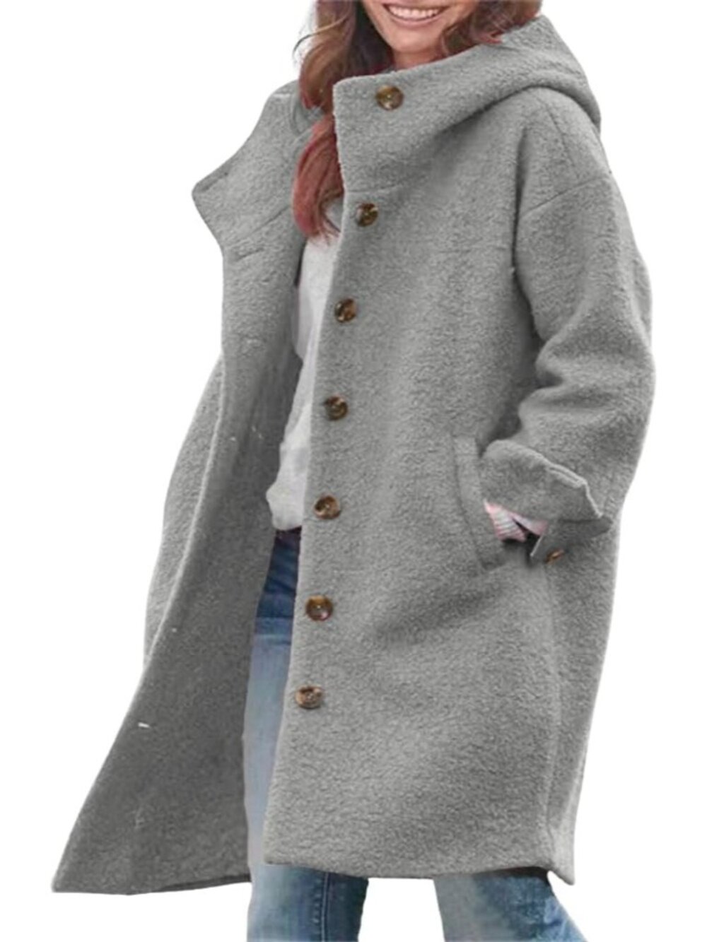 〽️Women's Gray Hooded Long Wool Coat Button Down Loose Fit Winter Outerwear